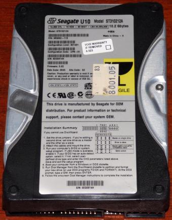 Seagate U10 Model ST310212A 10.2GB HDD UltraATA 1999